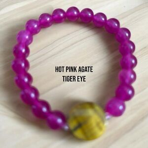 265. Vibrant Pink Agate Bracelet with Tiger Eye Accent